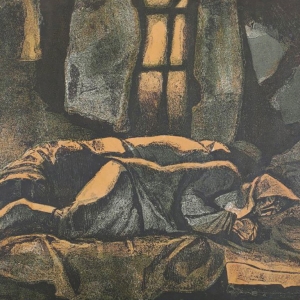 А.Г. Акритас «Отдых», Из серии «Сорок первый год», картон, цветная гравюра, 1982г.