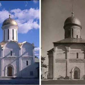 Троицкий собор 1422 г. Современный вид и фото до реставрации 1960-х годов.