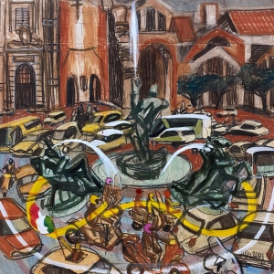 И.В.Пчельников (1931-2021). Рим. Площадь с фонтаном. Бумага, смеш. техника. 2001