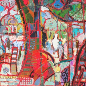 Н.П. Крутов. Пейзаж с красным зонтиком. 2007. Холст, масло. 80х90